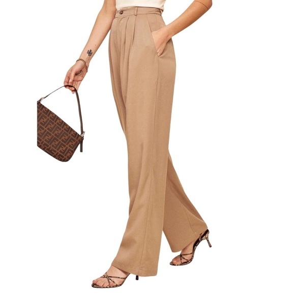 Reformation Mason Wide Leg Pants Size 12 Khaki Tan Trousers Tencel High Waist - Picture 2 of 10